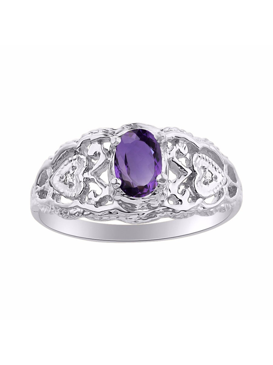 RYLOS Ring with Filigree Heart, 6X4MM Gemstone, and Diamonds - Birthstone Jewelry for Women in Sterling Silver, Available in Sizes 5-10