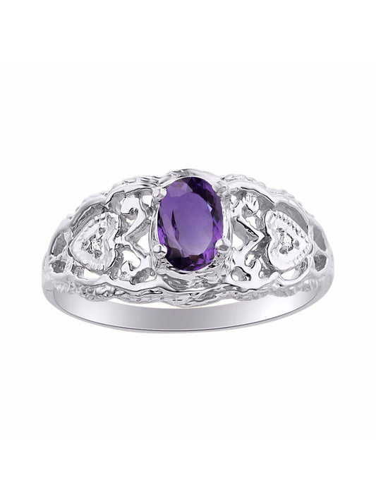 RYLOS 14K White Gold Ring with Filigree Heart, 6X4MM Gemstone, and Diamonds - Vibrant Color Stone Jewelry for Women in Sizes 5-10