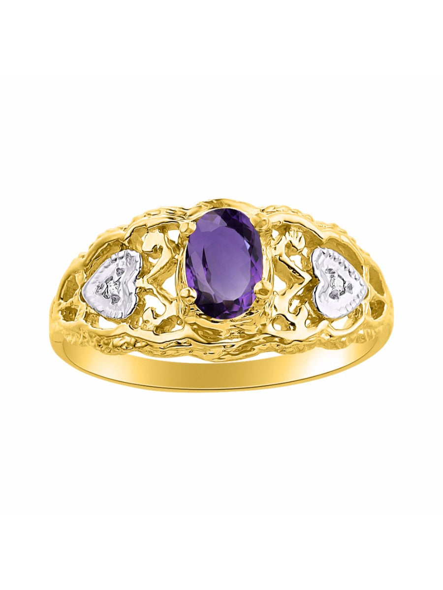 RYLOS Ring with Filigree Heart, 6X4MM Gemstone, and Diamonds - Birthstone Jewelry for Women in Yellow Gold Plated Silver, Available in Sizes 5-10