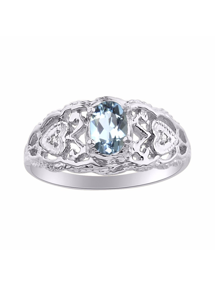 RYLOS 14K White Gold Ring with Filigree Heart, 6X4MM Gemstone, and Diamonds - Vibrant Color Stone Jewelry for Women in Sizes 5-10