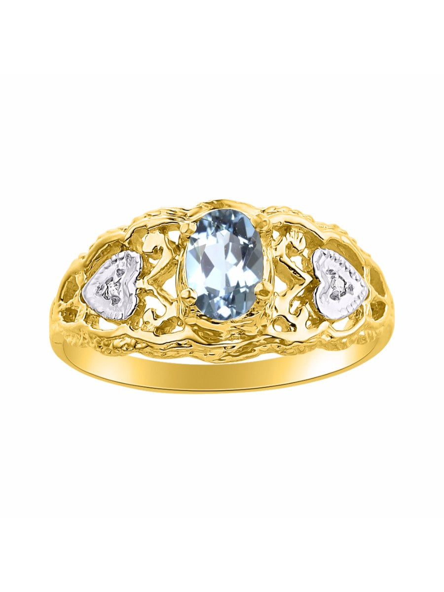 RYLOS 14K Yellow Gold Ring with Filigree Heart, 6X4MM Gemstone, and Diamonds - Vibrant Color Stone Jewelry for Women in Sizes 5-10