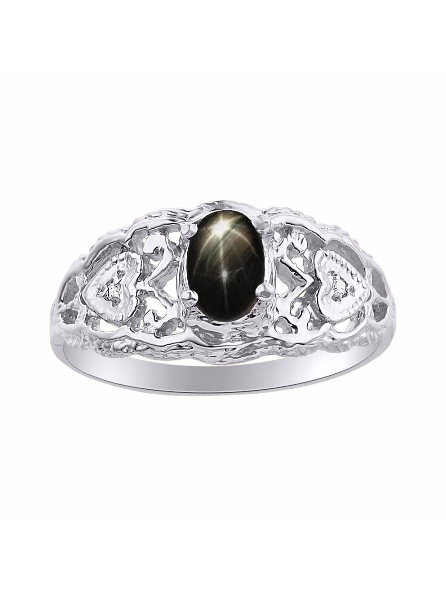 RYLOS 14K White Gold Ring with Filigree Heart, 6X4MM Gemstone, and Diamonds - Vibrant Color Stone Jewelry for Women in Sizes 5-10