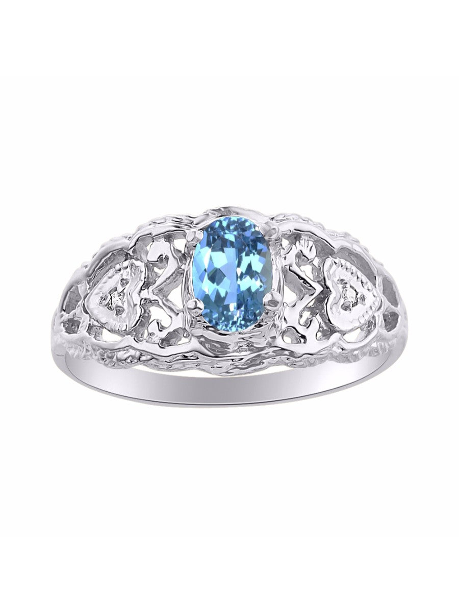 RYLOS 14K White Gold Ring with Filigree Heart, 6X4MM Gemstone, and Diamonds - Vibrant Color Stone Jewelry for Women in Sizes 5-10