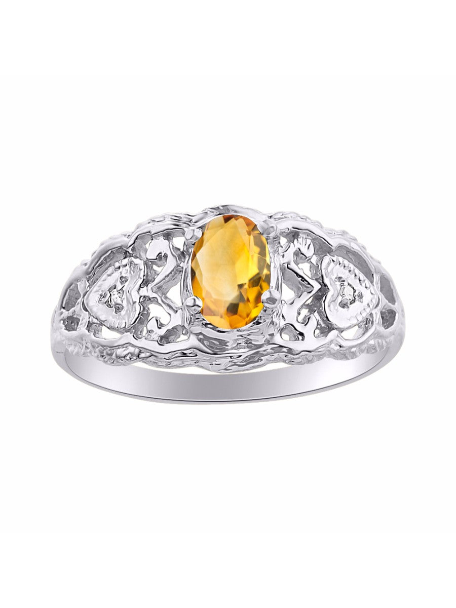 RYLOS 14K White Gold Ring with Filigree Heart, 6X4MM Gemstone, and Diamonds - Vibrant Color Stone Jewelry for Women in Sizes 5-10