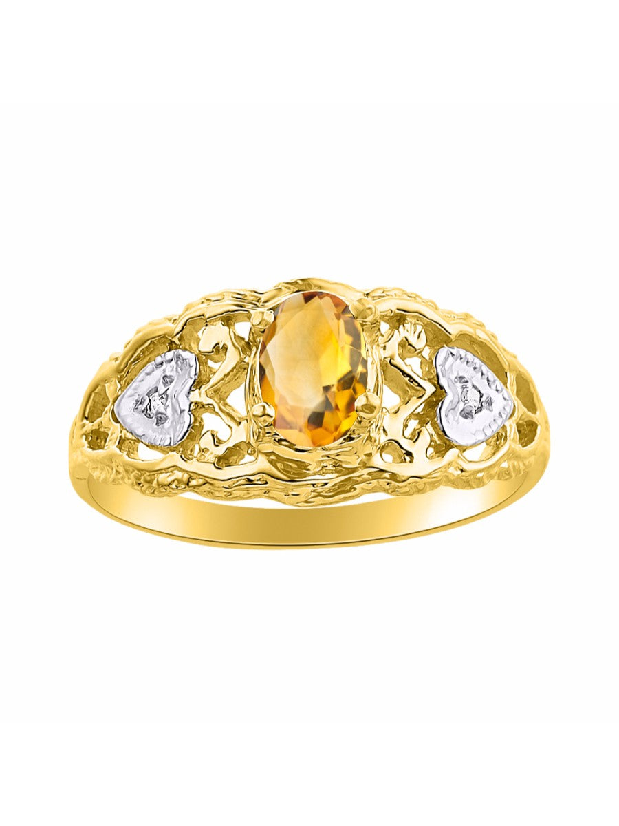 RYLOS 14K Yellow Gold Ring with Filigree Heart, 6X4MM Gemstone, and Diamonds - Vibrant Color Stone Jewelry for Women in Sizes 5-10