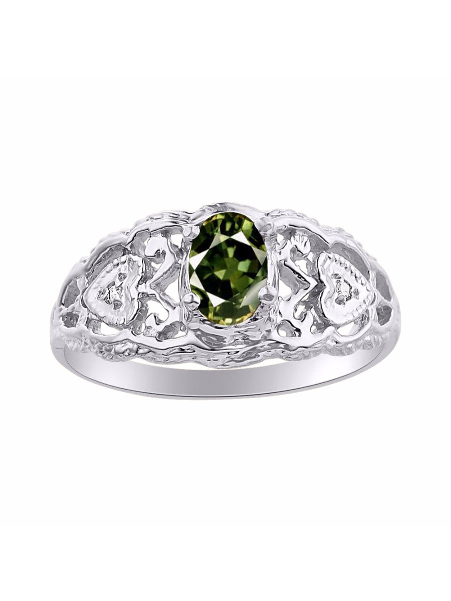 RYLOS 14K White Gold Ring with Filigree Heart, 6X4MM Gemstone, and Diamonds - Vibrant Color Stone Jewelry for Women in Sizes 5-10