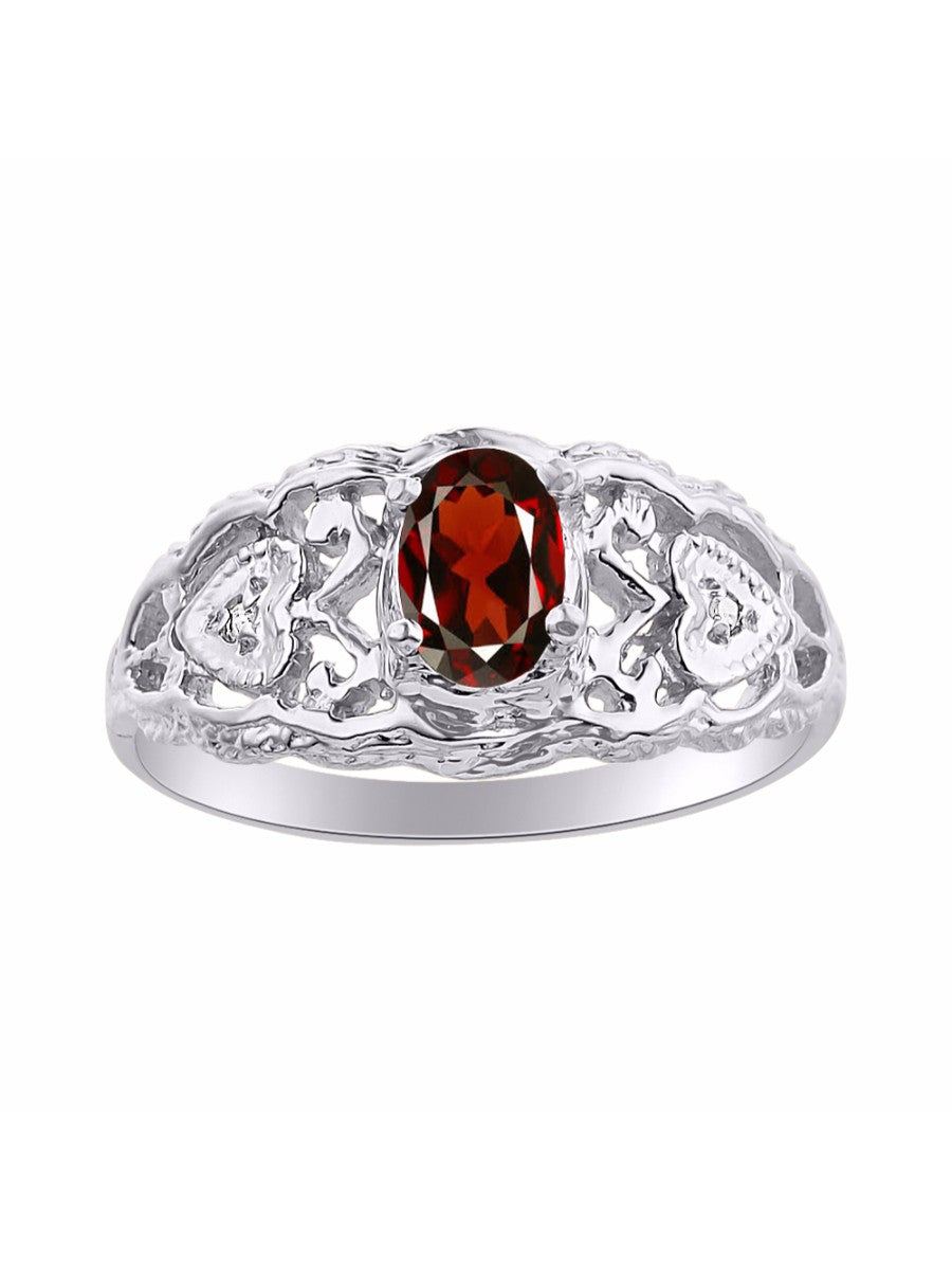 RYLOS 14K White Gold Ring with Filigree Heart, 6X4MM Gemstone, and Diamonds - Vibrant Color Stone Jewelry for Women in Sizes 5-10