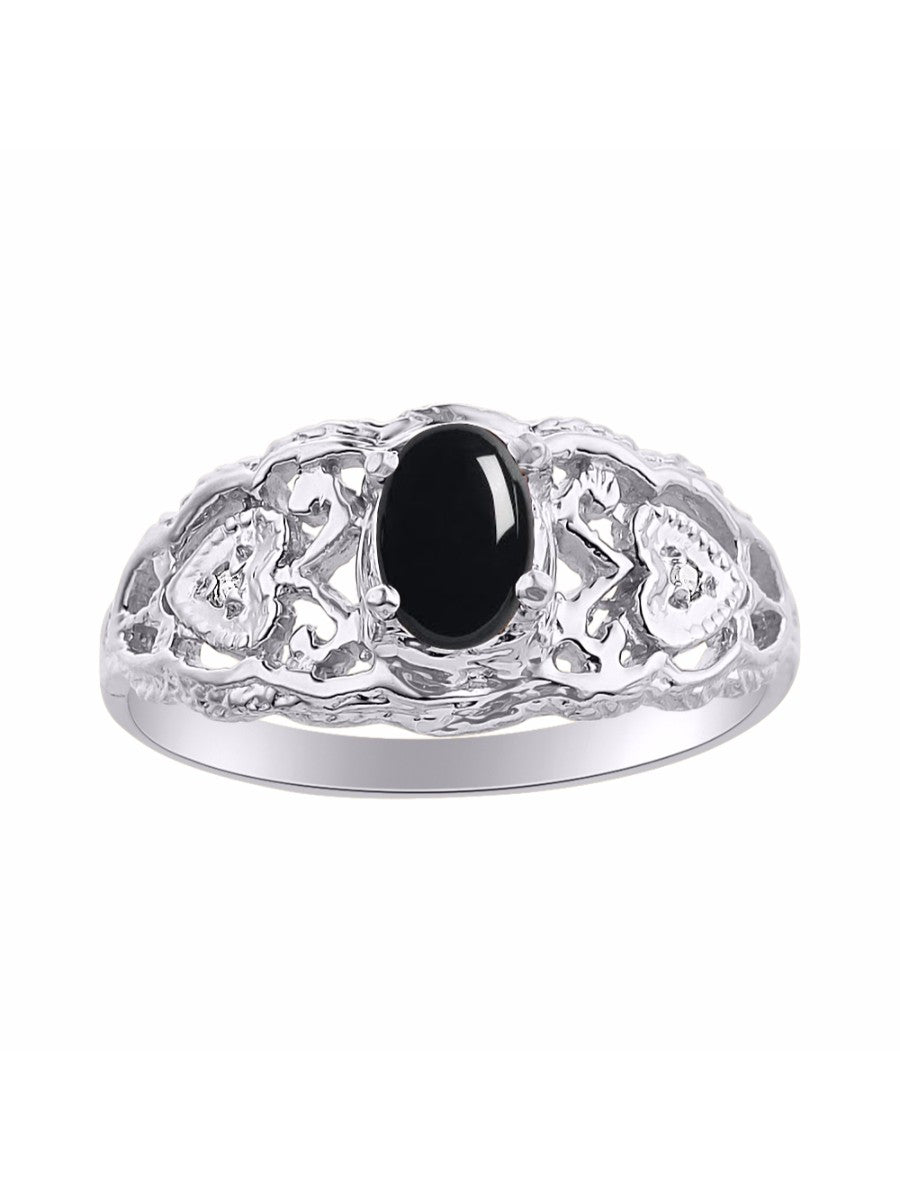 RYLOS 14K White Gold Ring with Filigree Heart, 6X4MM Gemstone, and Diamonds - Vibrant Color Stone Jewelry for Women in Sizes 5-10