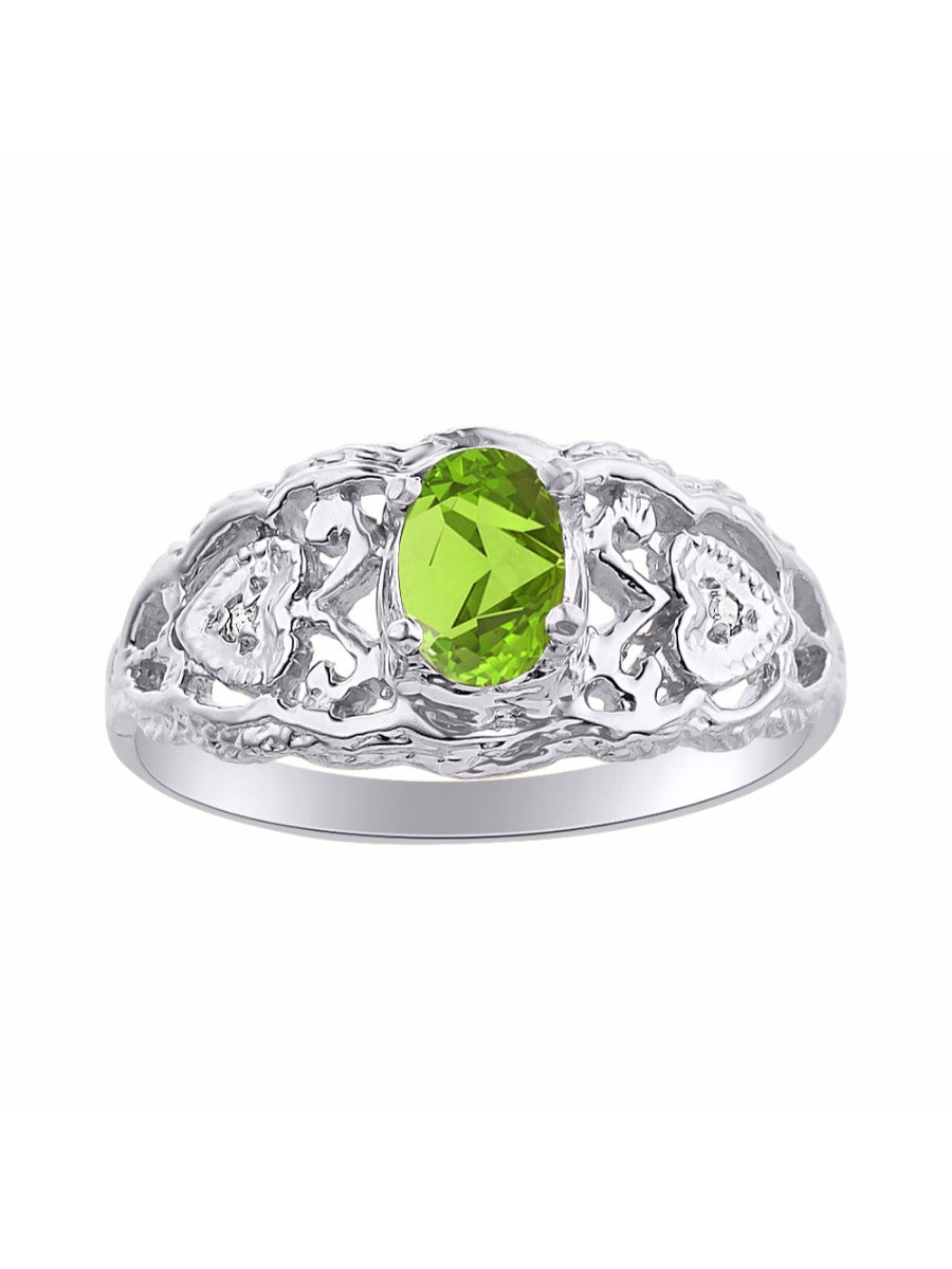 RYLOS 14K White Gold Ring with Filigree Heart, 6X4MM Gemstone, and Diamonds - Vibrant Color Stone Jewelry for Women in Sizes 5-10