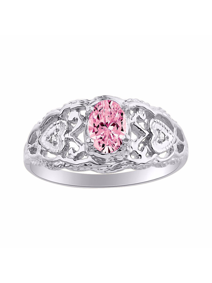 RYLOS Ring with Filigree Heart, 6X4MM Gemstone, and Diamonds - Birthstone Jewelry for Women in Sterling Silver, Available in Sizes 5-10