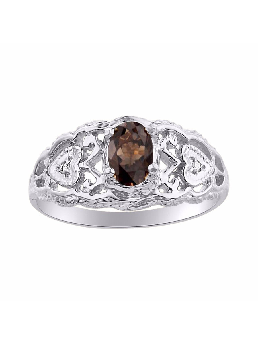 RYLOS 14K White Gold Ring with Filigree Heart, 6X4MM Gemstone, and Diamonds - Vibrant Color Stone Jewelry for Women in Sizes 5-10