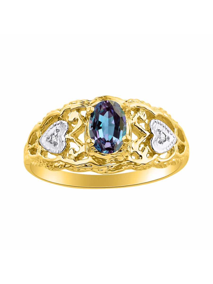 RYLOS Ring with Filigree Heart, 6X4MM Gemstone, and Diamonds - Birthstone Jewelry for Women in Yellow Gold Plated Silver, Available in Sizes 5-10