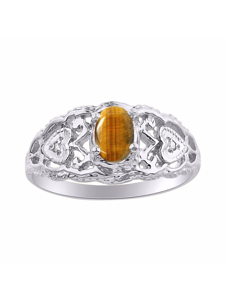RYLOS 14K White Gold Ring with Filigree Heart, 6X4MM Gemstone, and Diamonds - Vibrant Color Stone Jewelry for Women in Sizes 5-10