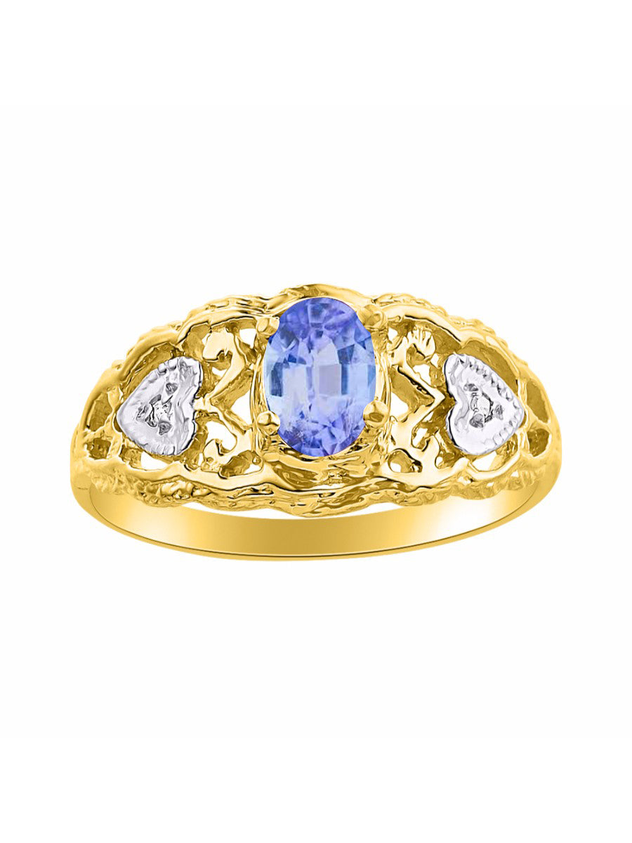 RYLOS 14K Yellow Gold Ring with Filigree Heart, 6X4MM Gemstone, and Diamonds - Vibrant Color Stone Jewelry for Women in Sizes 5-10