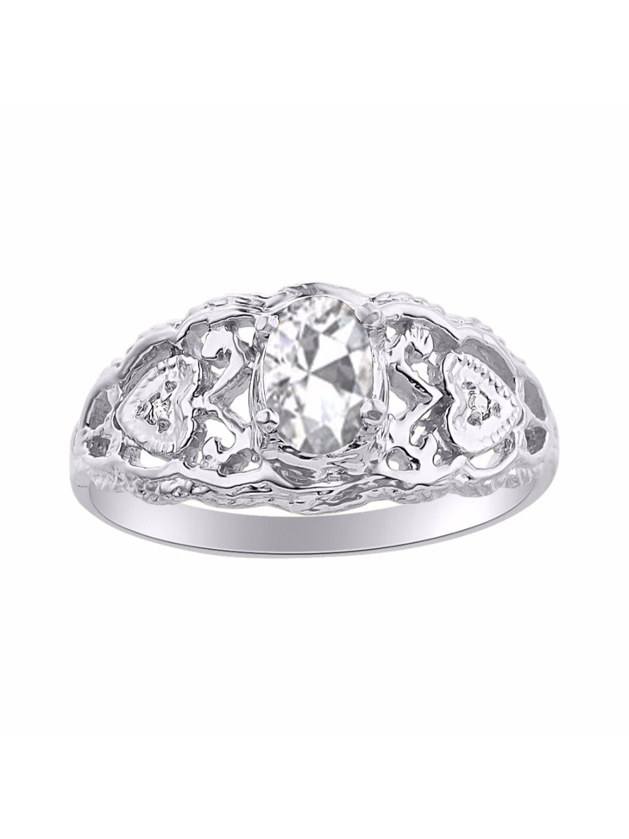 RYLOS 14K White Gold Ring with Filigree Heart, 6X4MM Gemstone, and Diamonds - Vibrant Color Stone Jewelry for Women in Sizes 5-10