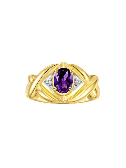 RYLOS Hugs & Kisses XOXO Ring with 7X5MM Gemstone & Diamonds - Birthstone Jewelry for Women in Yellow Gold Plated Silver, Sizes 5-10