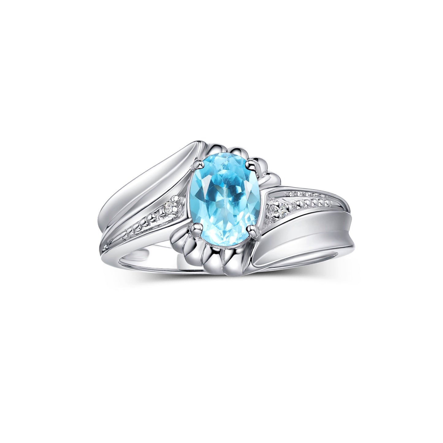 RYLOS 14K White Gold Swirl Z Ring with 7X5MM Oval Gemstone & Diamond Accent Exquisite Color Stone Birthstone Jewelry for Women Available in Sizes 5-10