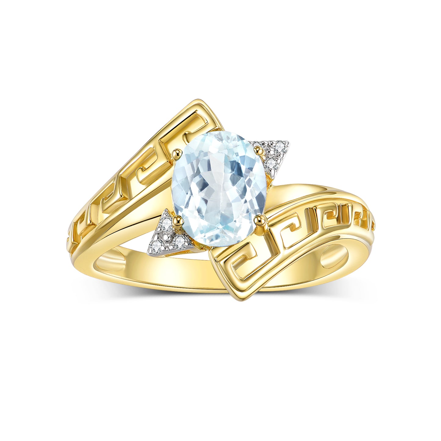 RYLOS Greek Key Designer Ring with 9X7MM Gemstone & Diamond Accent Chic Jewelry for Women and  in Yellow Gold Plated Silver Available in Sizes 5-10