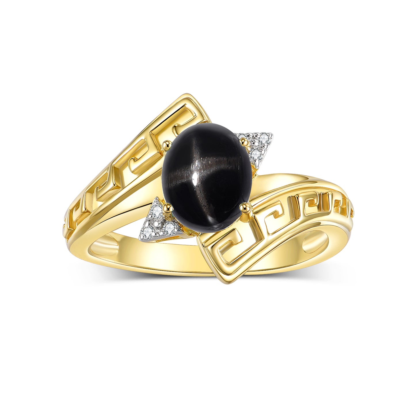 RYLOS Greek Key Designer Ring with 9X7MM Gemstone & Diamond Accent Chic Jewelry for Women and  in Yellow Gold Plated Silver Available in Sizes 5-10