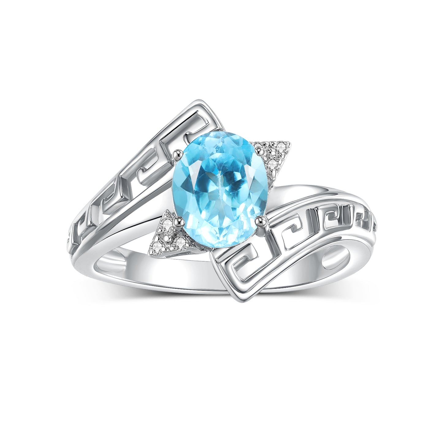 RYLOS Greek Key Designer Ring with 9X7MM Gemstone & Diamond Accent Chic Jewelry for Women and  in Sterling Silver Available in Sizes 5-10