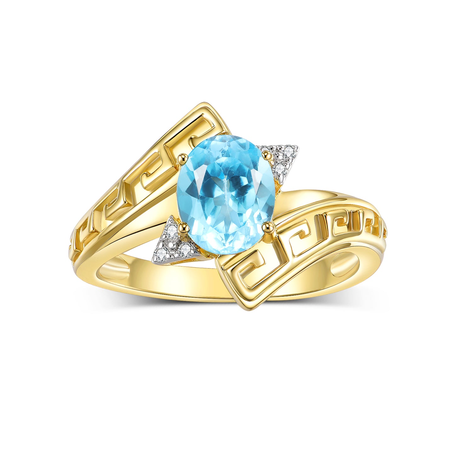 RYLOS 14K Yellow Gold Greek Key Designer Ring with 9X7MM Gemstone & Diamond Accent Unique Color Stone Birthstone Jewelry for Women Available in Sizes 5-10