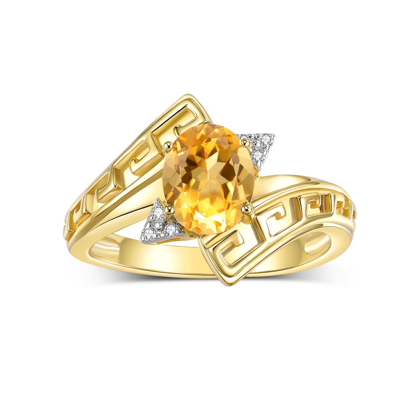 RYLOS 14K Yellow Gold Greek Key Designer Ring with 9X7MM Gemstone & Diamond Accent Unique Color Stone Birthstone Jewelry for Women Available in Sizes 5-10