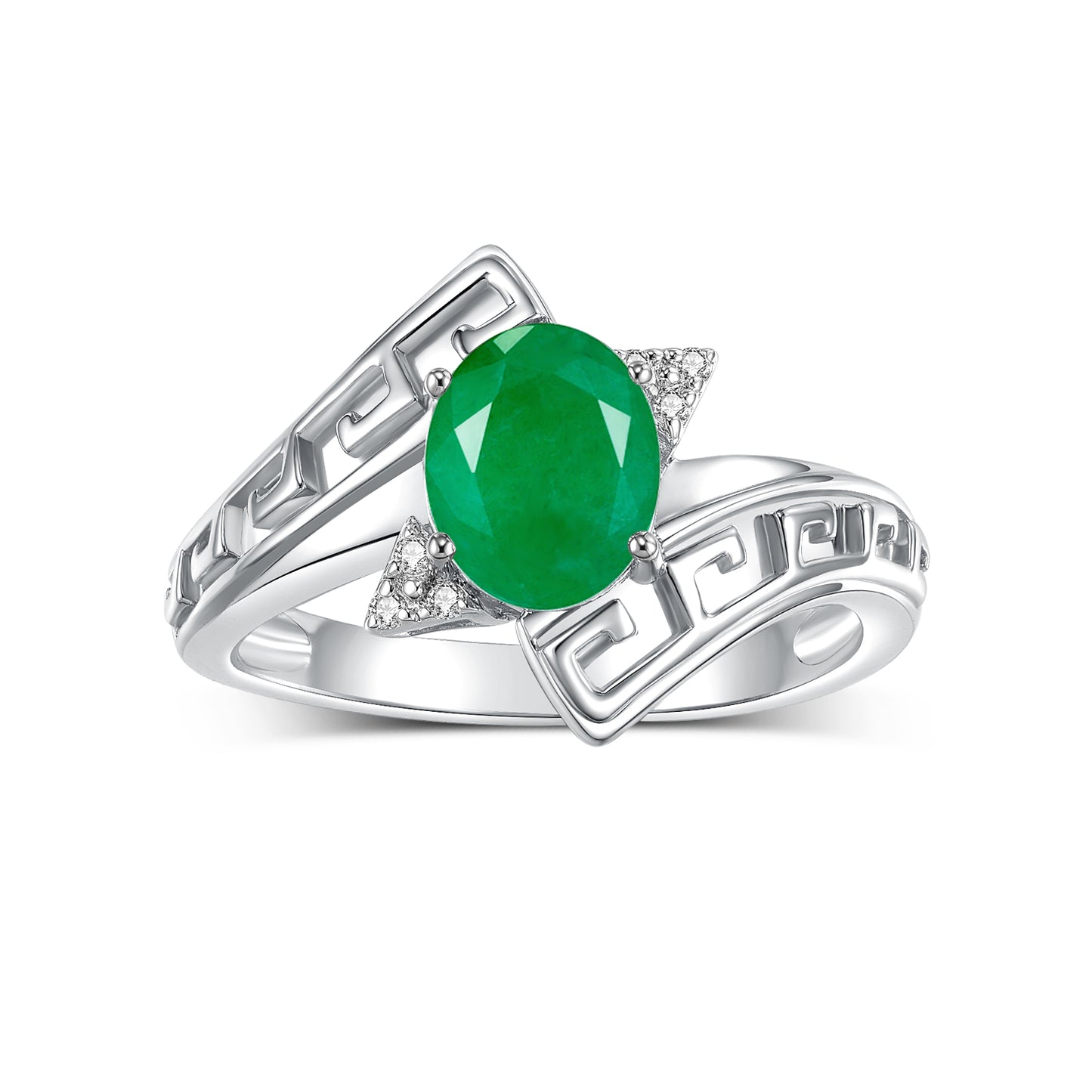 RYLOS 14K White Gold Greek Key Designer Ring with 9X7MM Gemstone & Diamond Accent Unique Color Stone Birthstone Jewelry for Women Available in Sizes 5-10