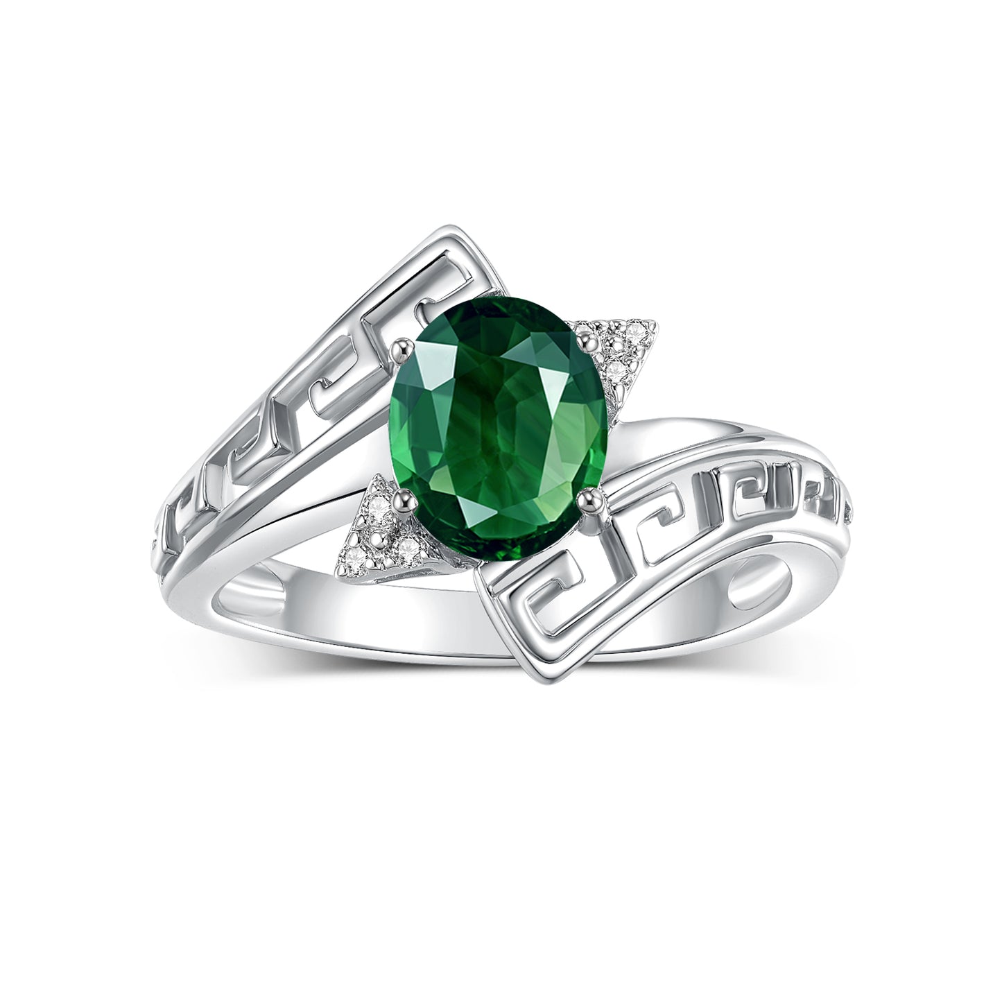 RYLOS Greek Key Designer Ring with 9X7MM Gemstone & Diamond Accent Chic Jewelry for Women and  in Sterling Silver Available in Sizes 5-10