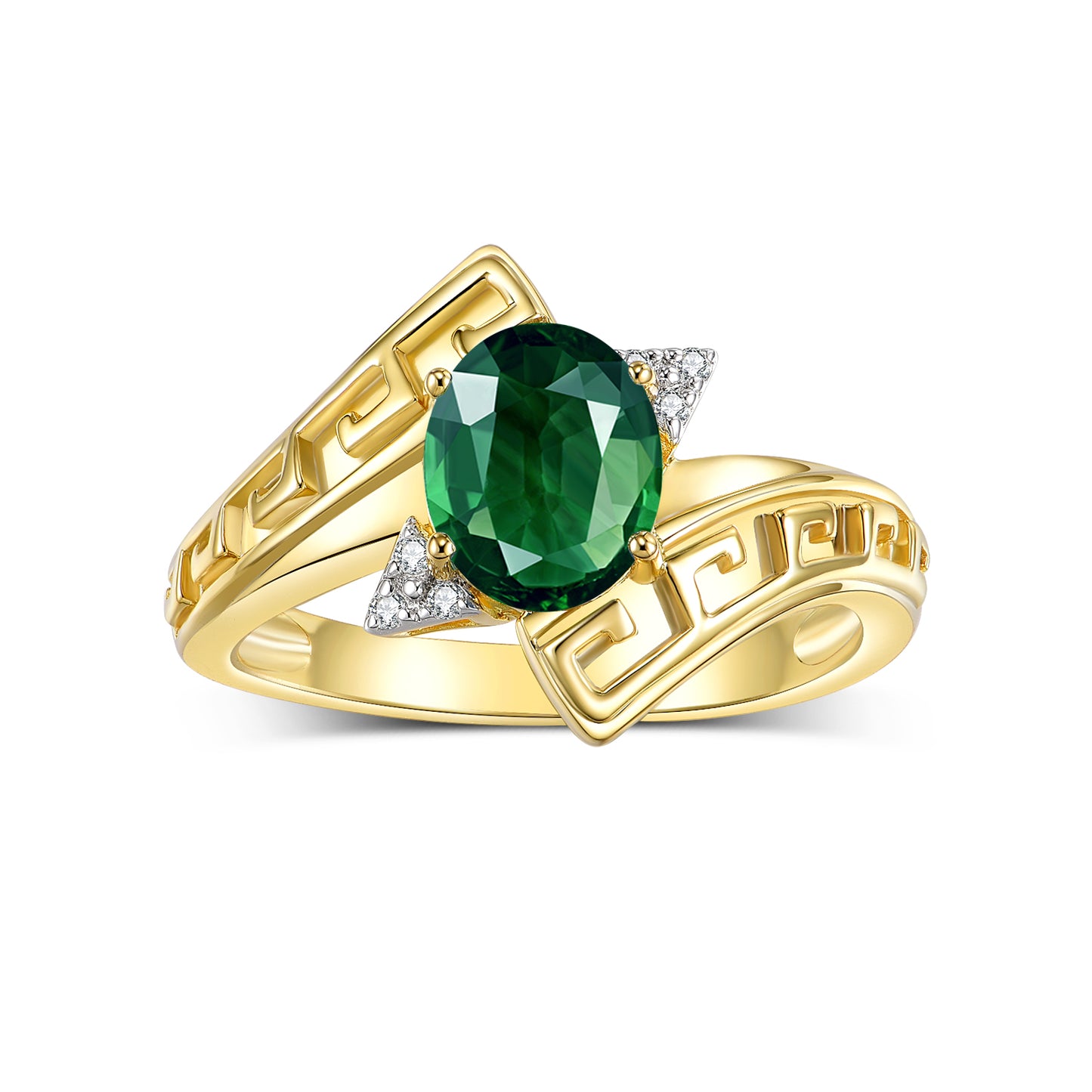 RYLOS 14K Yellow Gold Greek Key Designer Ring with 9X7MM Gemstone & Diamond Accent Unique Color Stone Birthstone Jewelry for Women Available in Sizes 5-10