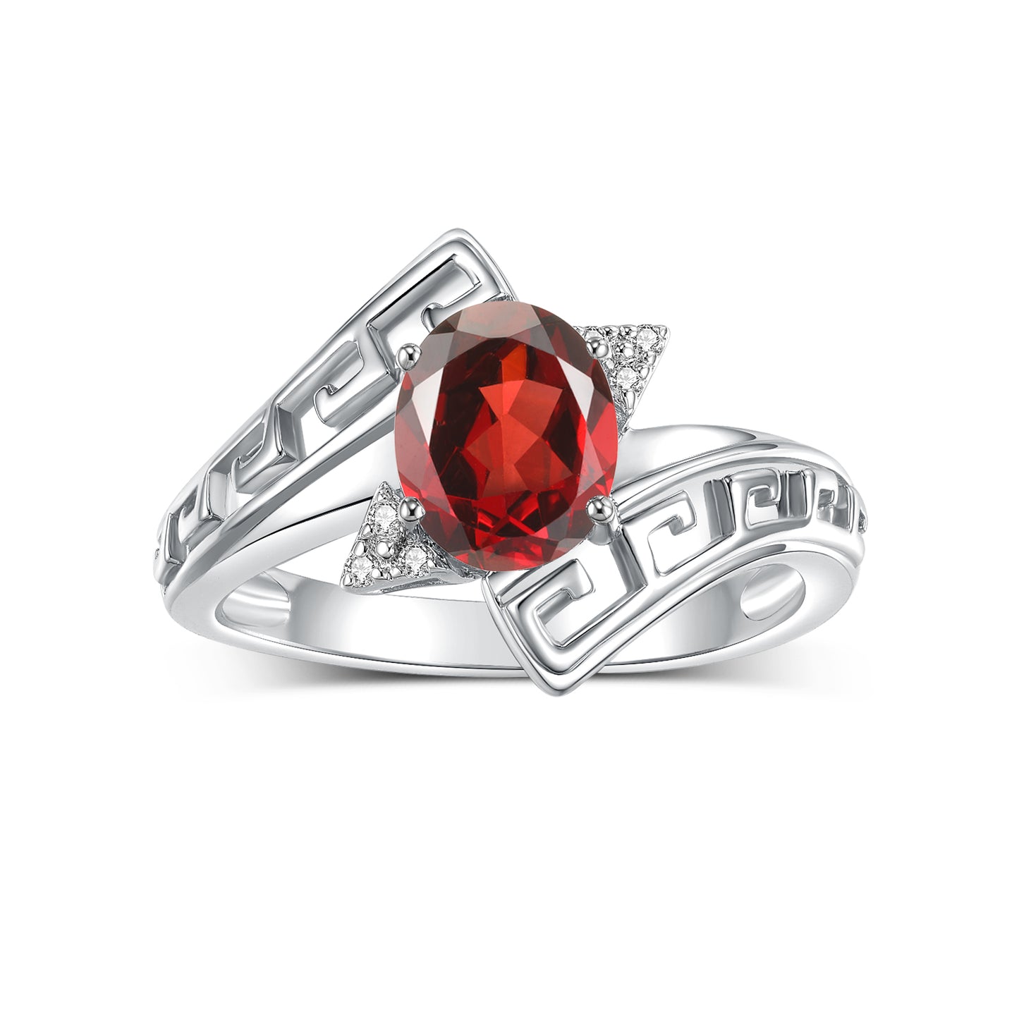 RYLOS 14K White Gold Greek Key Designer Ring with 9X7MM Gemstone & Diamond Accent Unique Color Stone Birthstone Jewelry for Women Available in Sizes 5-10