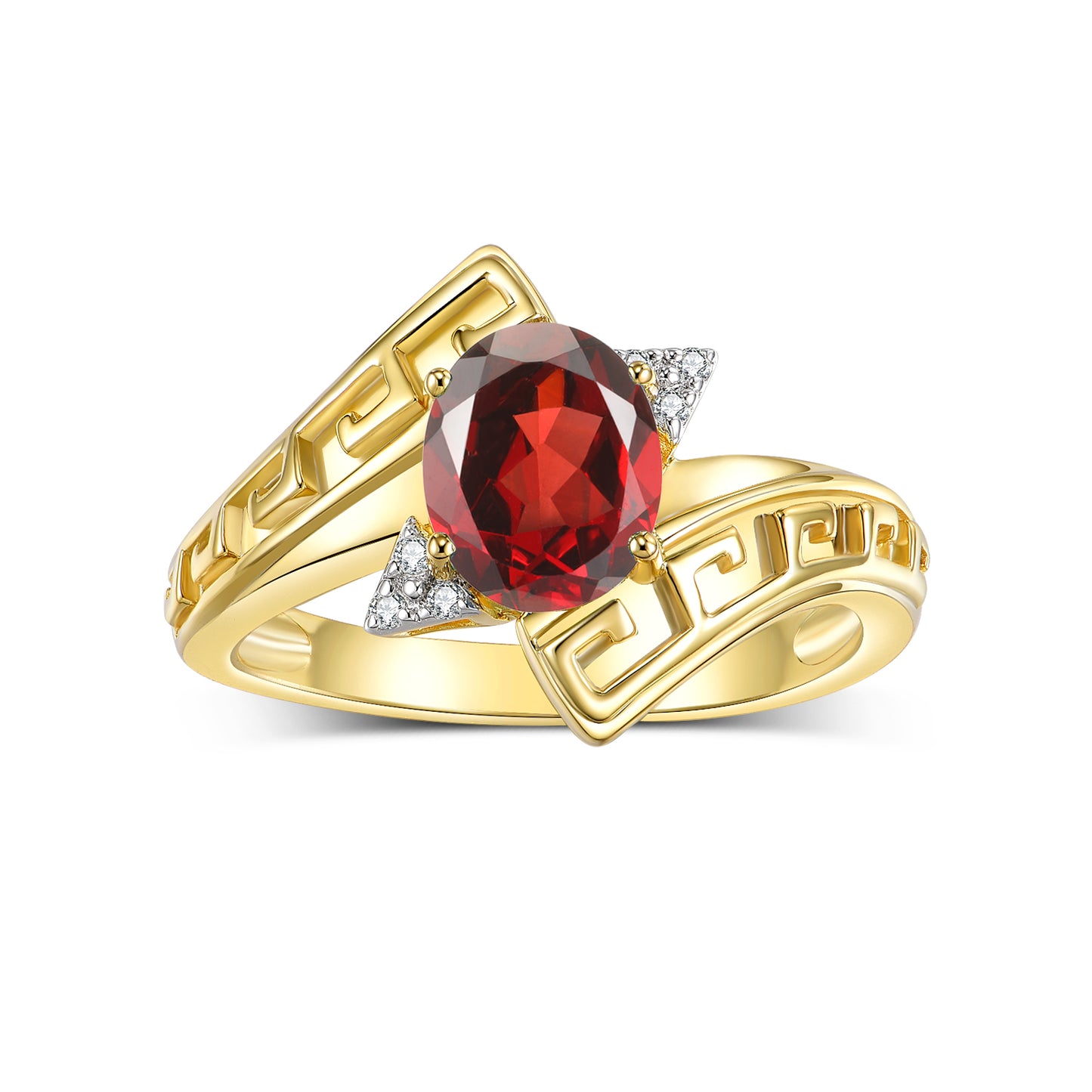 RYLOS 14K Yellow Gold Greek Key Designer Ring with 9X7MM Gemstone & Diamond Accent Unique Color Stone Birthstone Jewelry for Women Available in Sizes 5-10