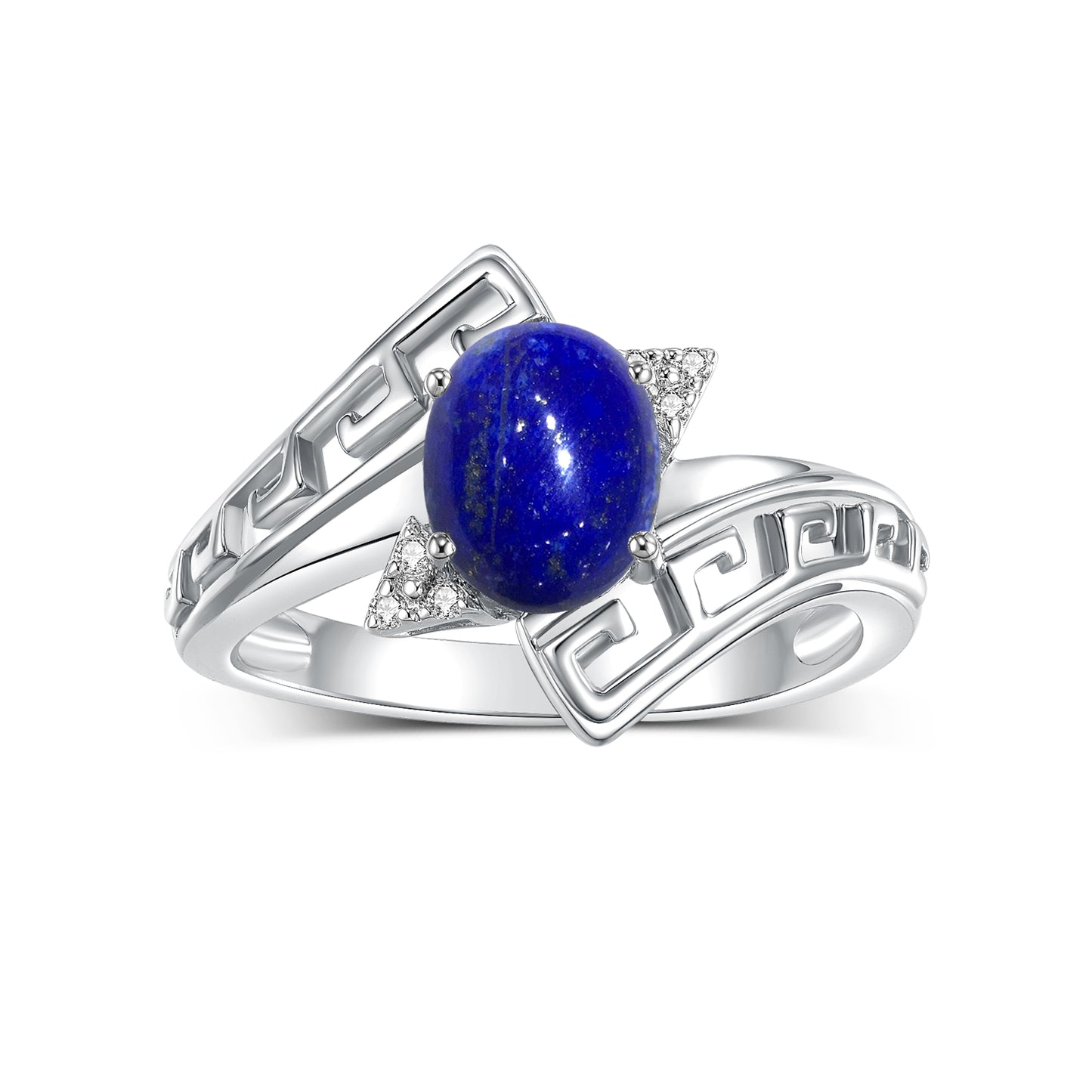 RYLOS Greek Key Designer Ring with 9X7MM Gemstone & Diamond Accent Chic Jewelry for Women and  in Sterling Silver Available in Sizes 5-10