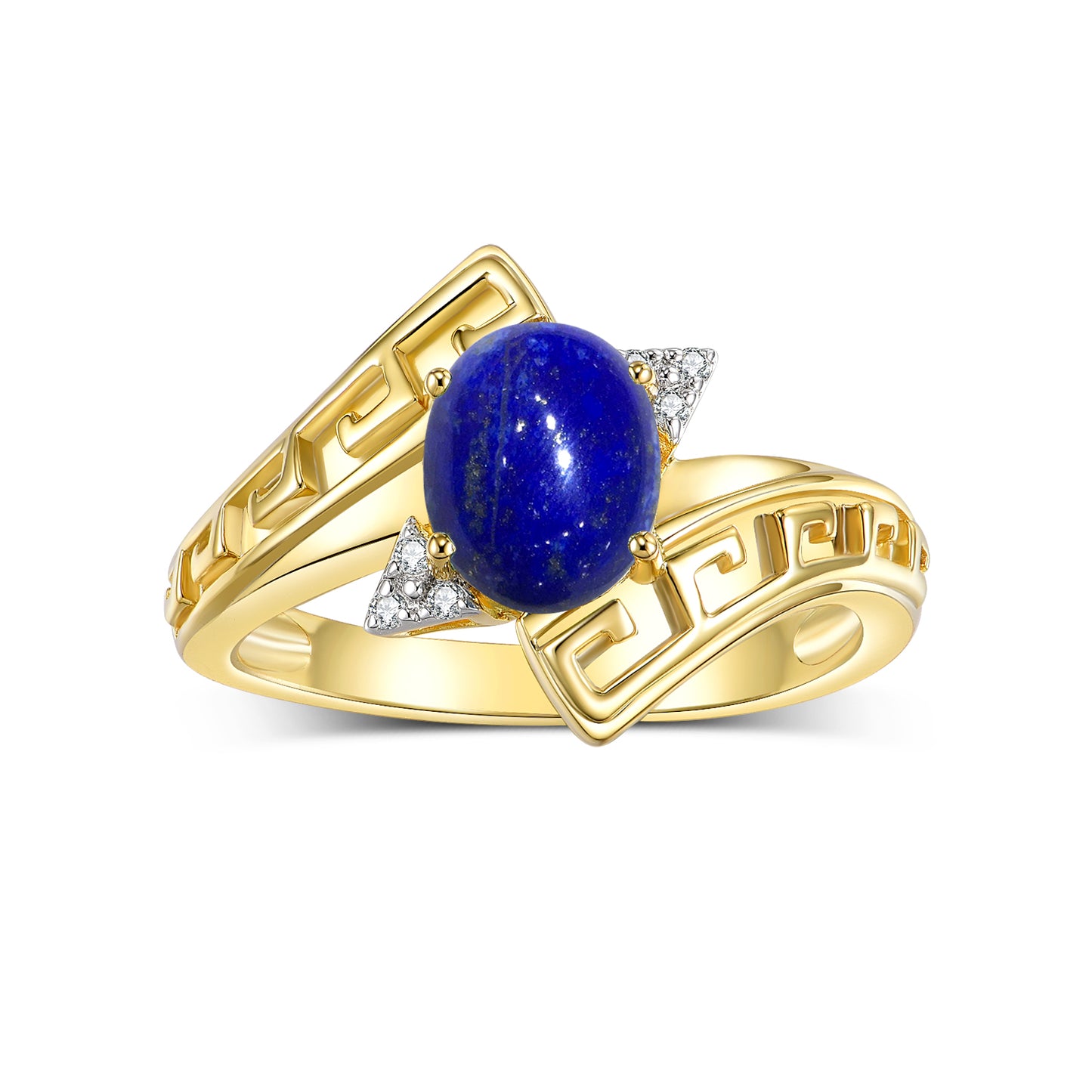 RYLOS Greek Key Designer Ring with 9X7MM Gemstone & Diamond Accent Chic Jewelry for Women and  in Yellow Gold Plated Silver Available in Sizes 5-10