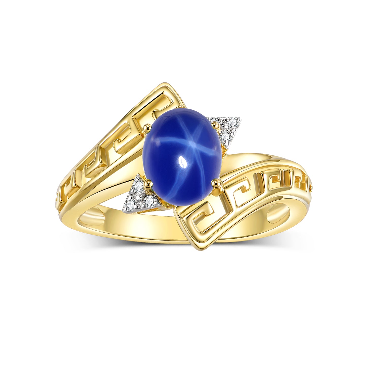 RYLOS 14K Yellow Gold Greek Key Designer Ring with 9X7MM Gemstone & Diamond Accent Unique Color Stone Birthstone Jewelry for Women Available in Sizes 5-10