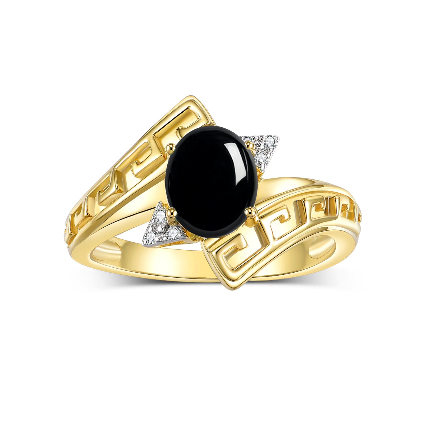 RYLOS Greek Key Designer Ring with 9X7MM Gemstone & Diamond Accent Chic Jewelry for Women and  in Yellow Gold Plated Silver Available in Sizes 5-10