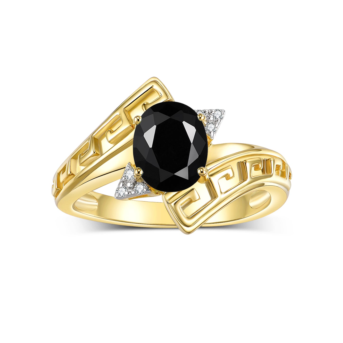 RYLOS Greek Key Designer Ring with 9X7MM Gemstone & Diamond Accent Chic Jewelry for Women and  in Yellow Gold Plated Silver Available in Sizes 5-10