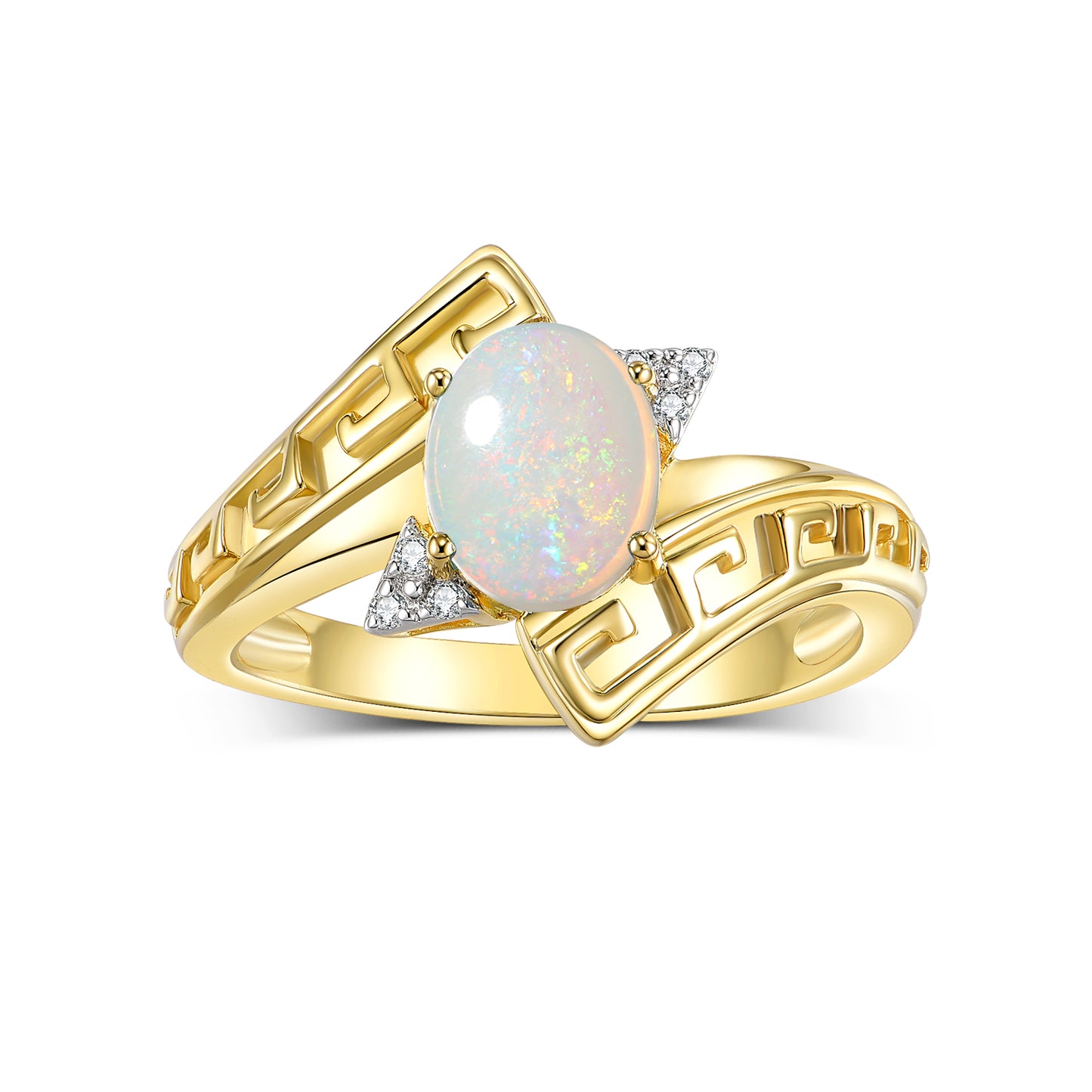 RYLOS Greek Key Designer Ring with 9X7MM Gemstone & Diamond Accent Chic Jewelry for Women and  in Yellow Gold Plated Silver Available in Sizes 5-10