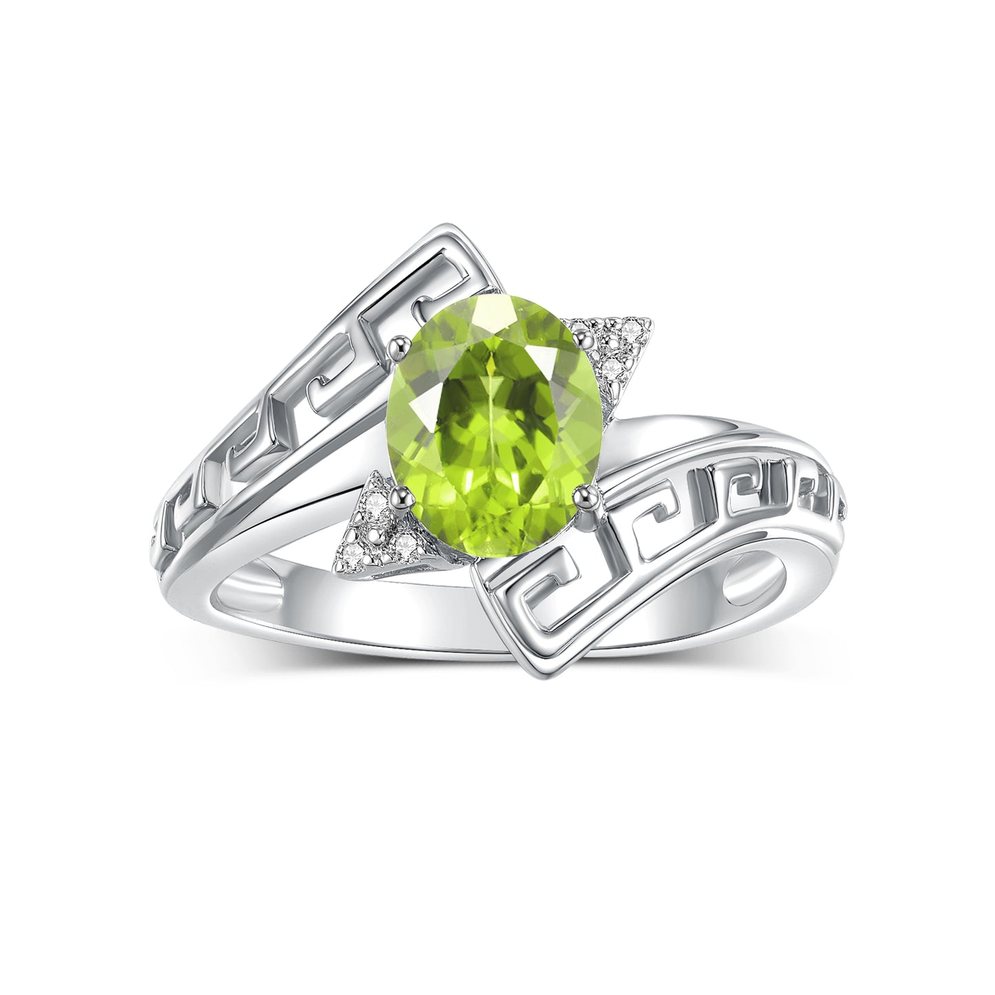 RYLOS 14K White Gold Greek Key Designer Ring with 9X7MM Gemstone & Diamond Accent Unique Color Stone Birthstone Jewelry for Women Available in Sizes 5-10