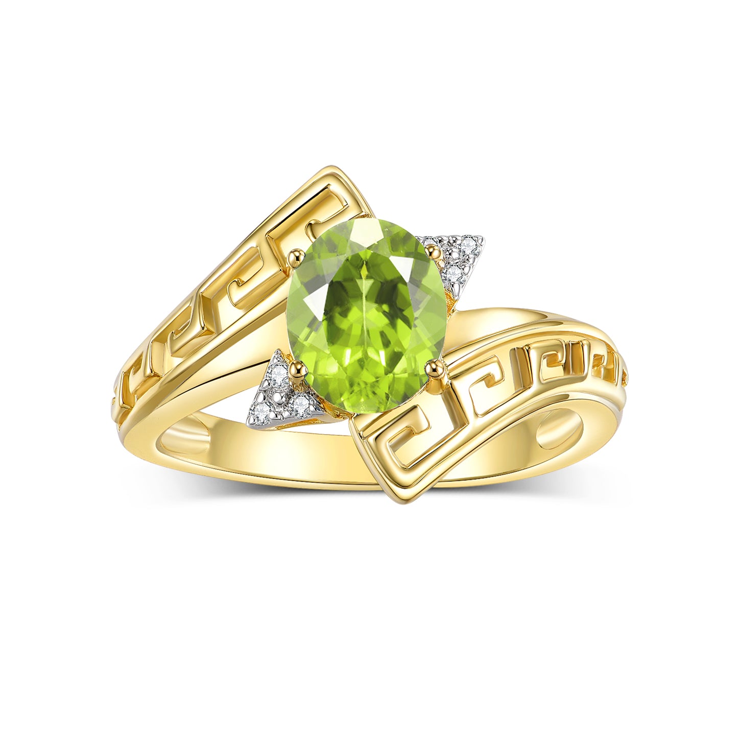 RYLOS 14K Yellow Gold Greek Key Designer Ring with 9X7MM Gemstone & Diamond Accent Unique Color Stone Birthstone Jewelry for Women Available in Sizes 5-10