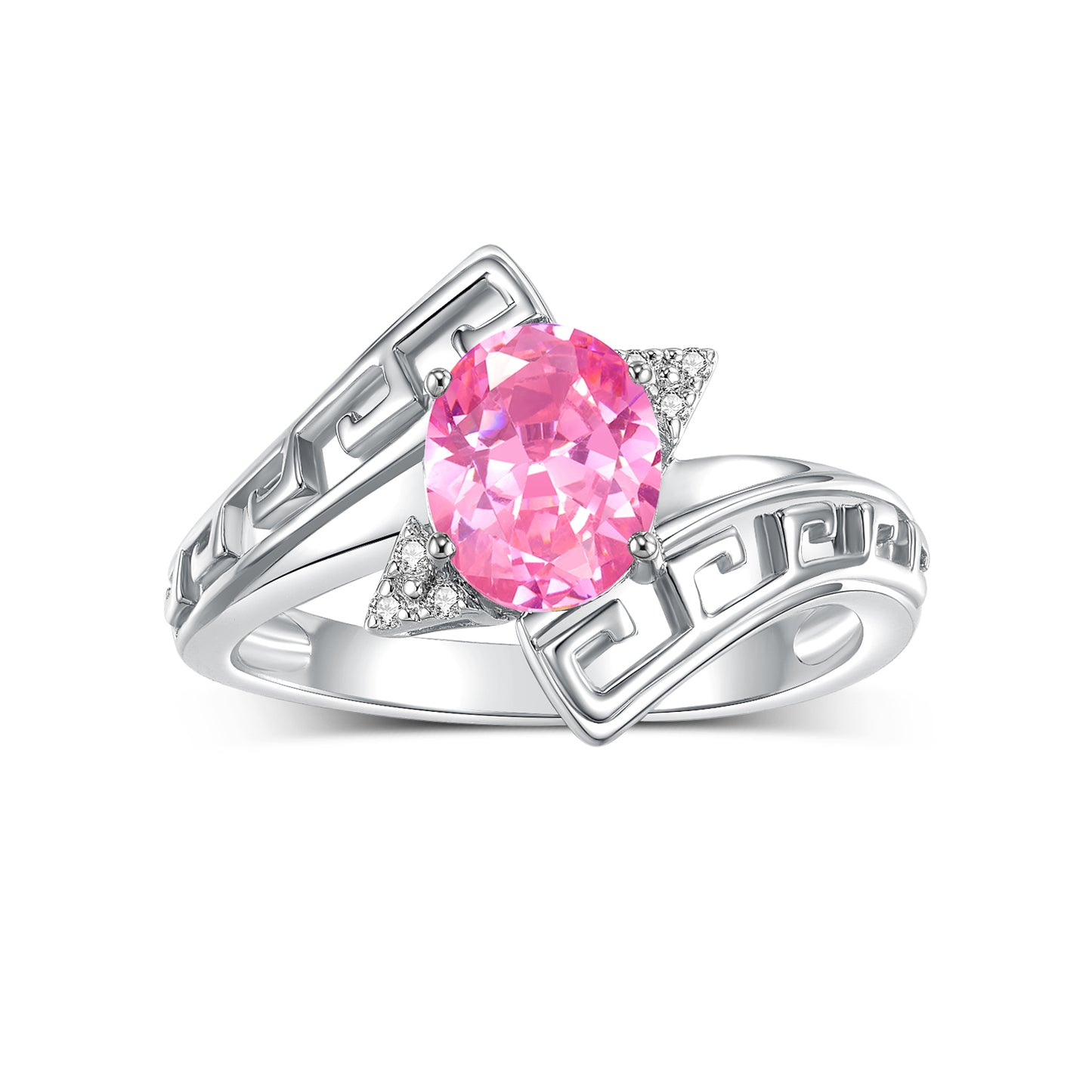 RYLOS 14K White Gold Greek Key Designer Ring with 9X7MM Gemstone & Diamond Accent Unique Color Stone Birthstone Jewelry for Women Available in Sizes 5-10