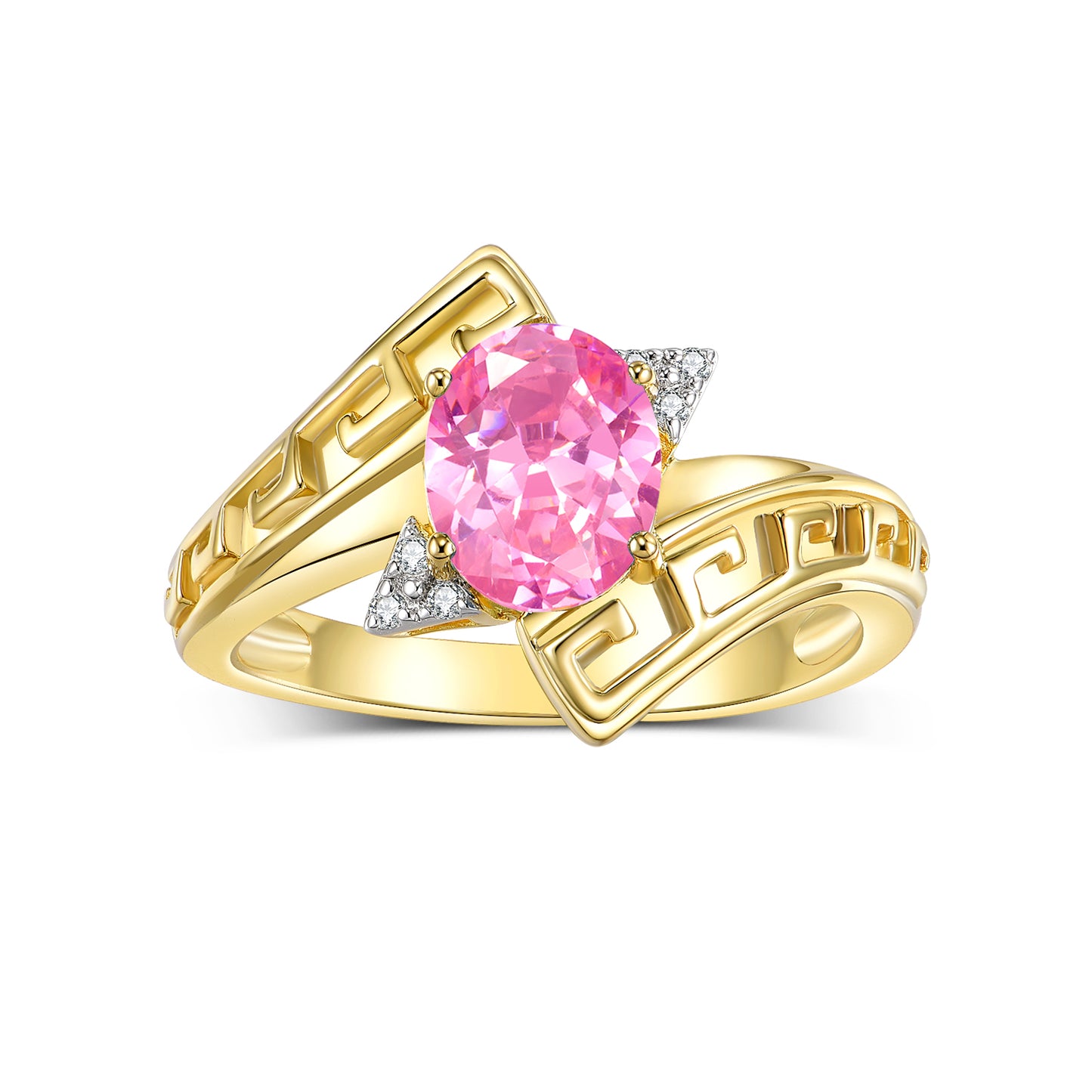 RYLOS Greek Key Designer Ring with 9X7MM Gemstone & Diamond Accent Chic Jewelry for Women and  in Yellow Gold Plated Silver Available in Sizes 5-10