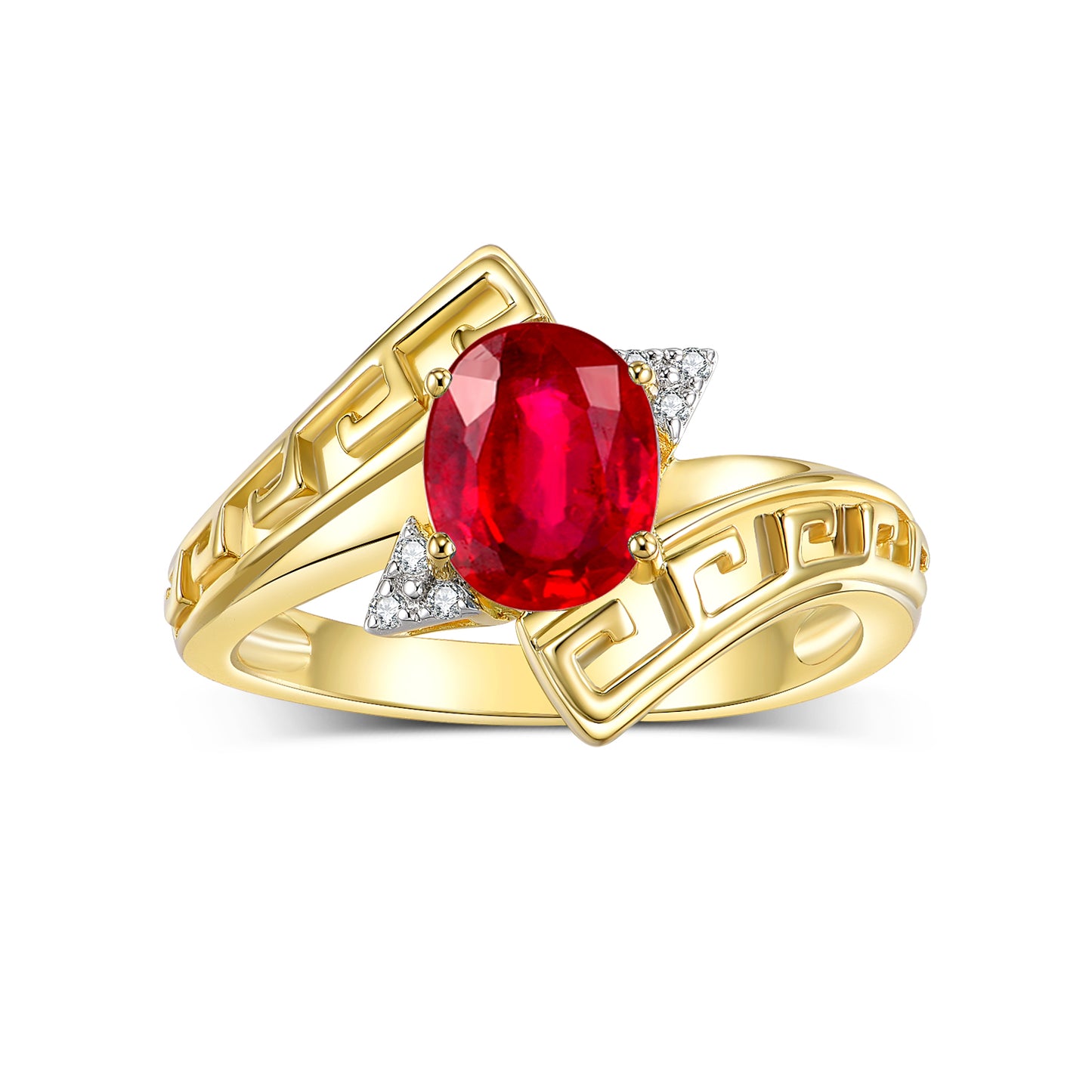 RYLOS 14K Yellow Gold Greek Key Designer Ring with 9X7MM Gemstone & Diamond Accent Unique Color Stone Birthstone Jewelry for Women Available in Sizes 5-10