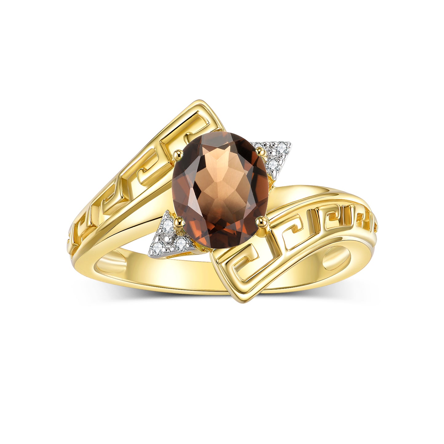 RYLOS 14K Yellow Gold Greek Key Designer Ring with 9X7MM Gemstone & Diamond Accent Unique Color Stone Birthstone Jewelry for Women Available in Sizes 5-10