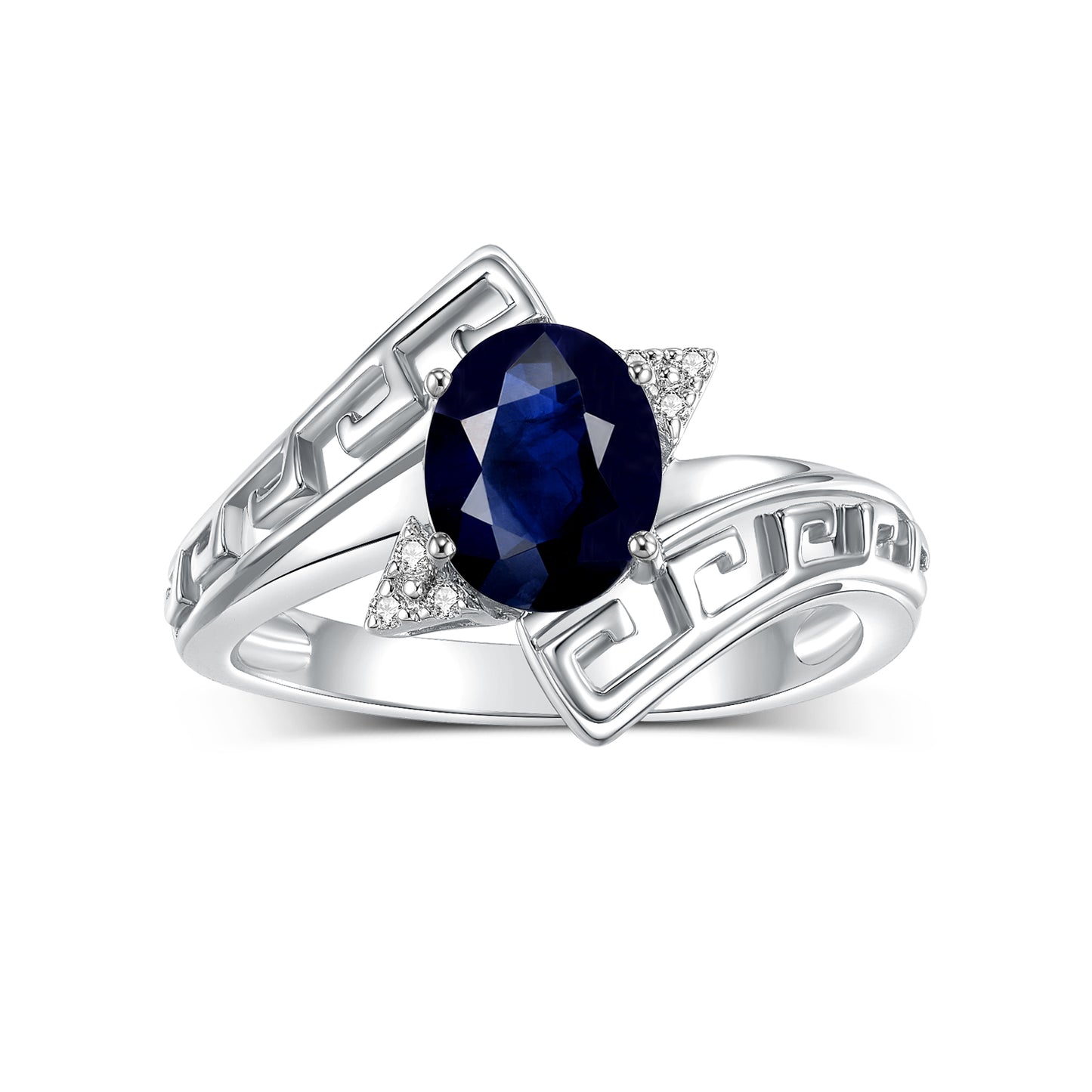 RYLOS 14K White Gold Greek Key Designer Ring with 9X7MM Gemstone & Diamond Accent Unique Color Stone Birthstone Jewelry for Women Available in Sizes 5-10