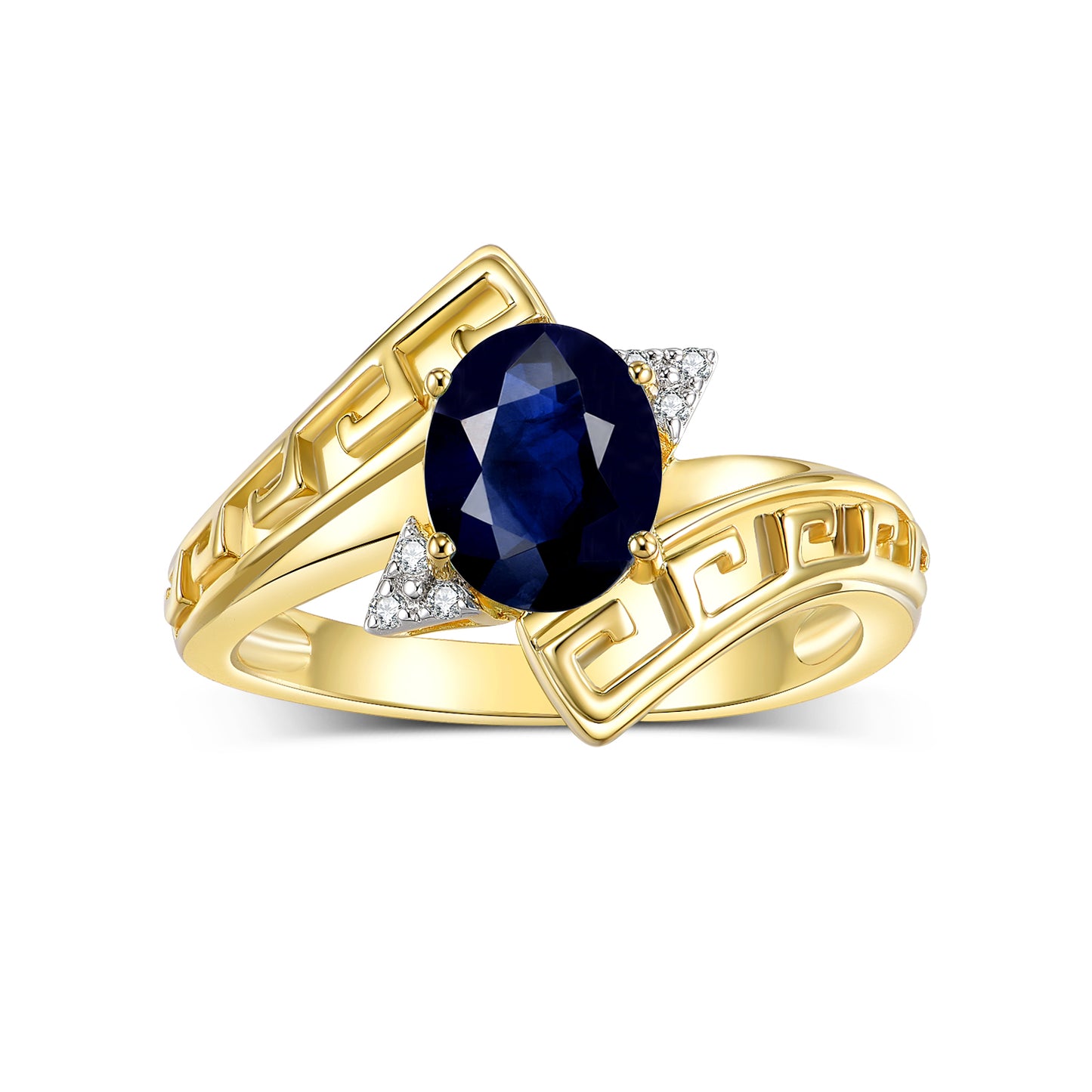 RYLOS Greek Key Designer Ring with 9X7MM Gemstone & Diamond Accent Chic Jewelry for Women and  in Yellow Gold Plated Silver Available in Sizes 5-10