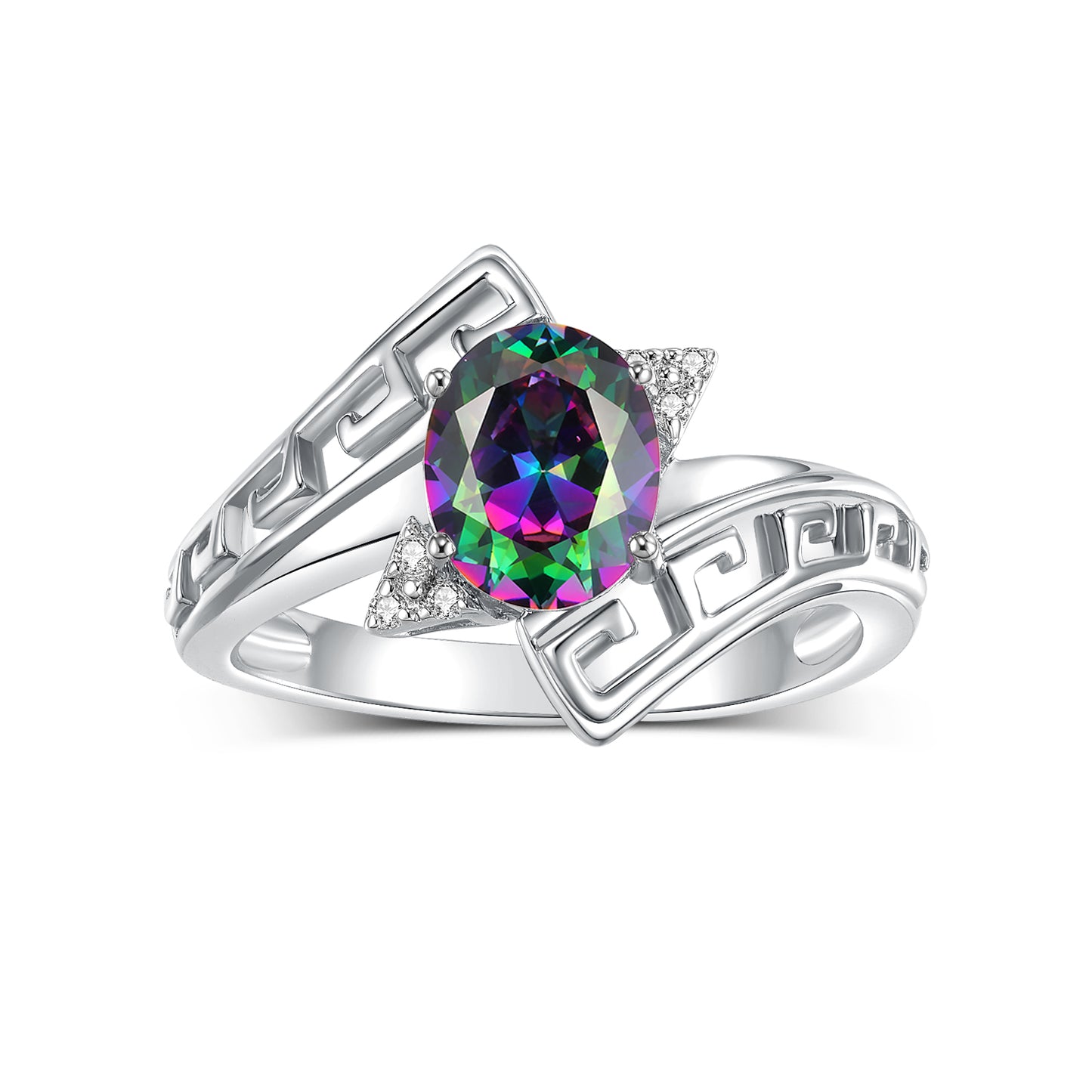 RYLOS 14K White Gold Greek Key Designer Ring with 9X7MM Gemstone & Diamond Accent Unique Color Stone Birthstone Jewelry for Women Available in Sizes 5-10