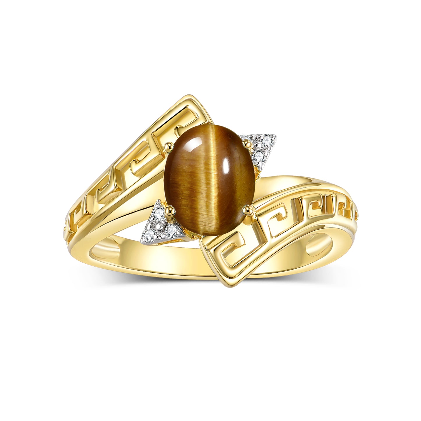 RYLOS Greek Key Designer Ring with 9X7MM Gemstone & Diamond Accent Chic Jewelry for Women and  in Yellow Gold Plated Silver Available in Sizes 5-10