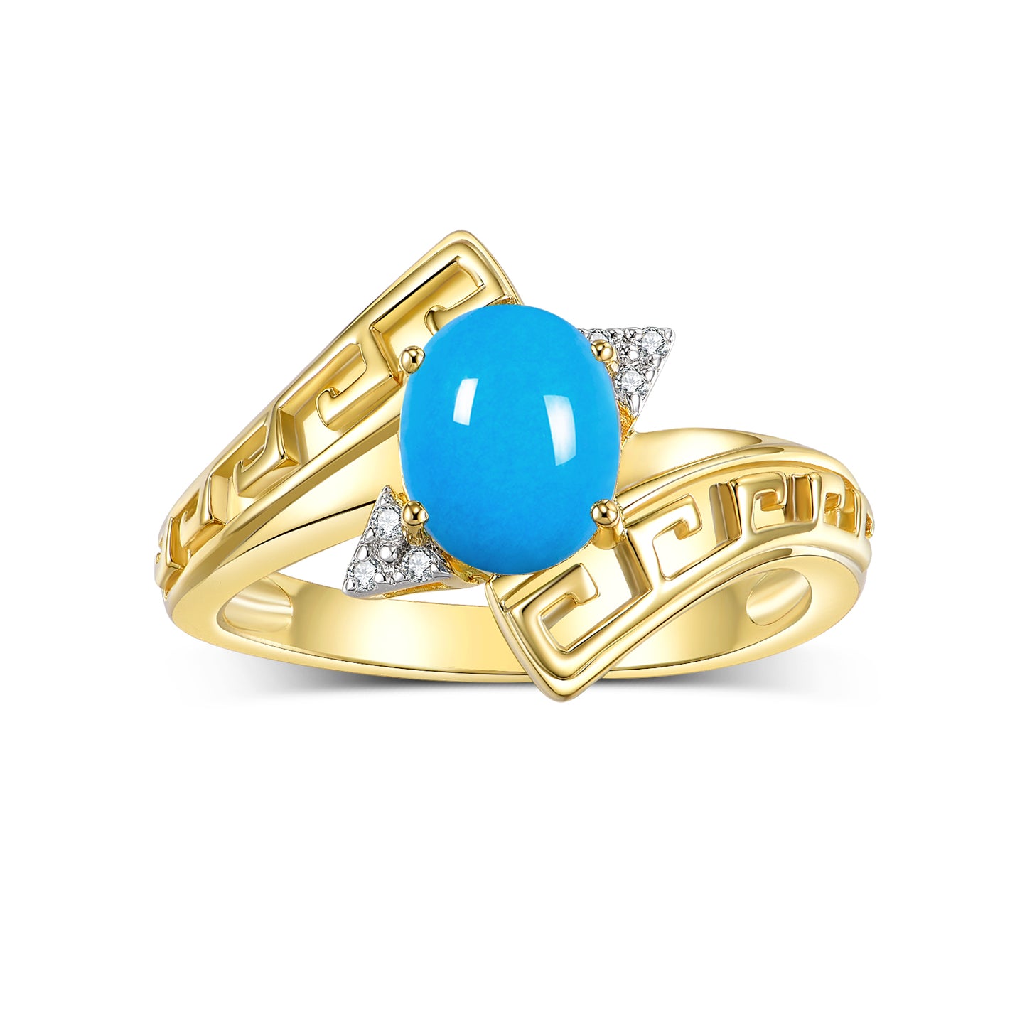 RYLOS Greek Key Designer Ring with 9X7MM Gemstone & Diamond Accent Chic Jewelry for Women and  in Yellow Gold Plated Silver Available in Sizes 5-10