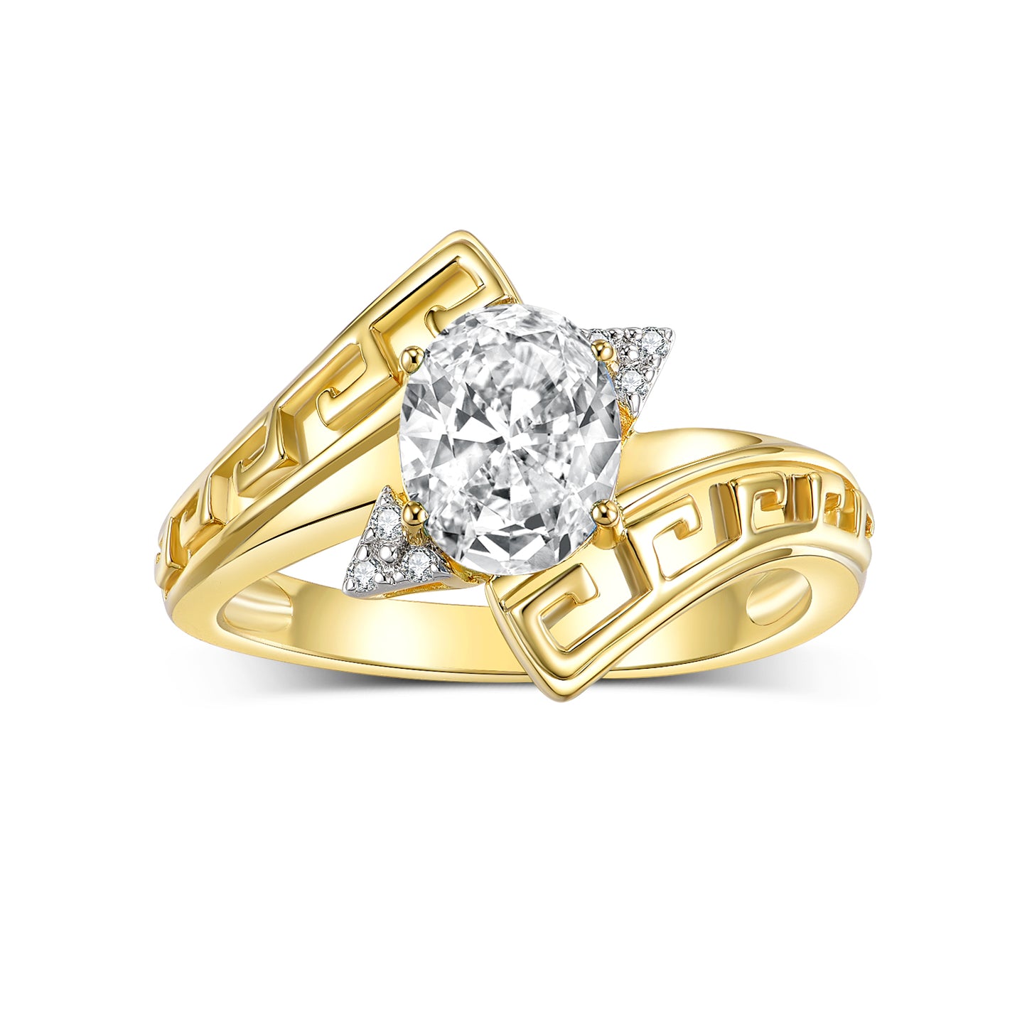 RYLOS Greek Key Designer Ring with 9X7MM Gemstone & Diamond Accent Chic Jewelry for Women and  in Yellow Gold Plated Silver Available in Sizes 5-10