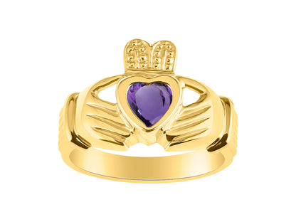 RYLOS Rings 14K Gold Plated Silver Claddah Love, Loyalty & Friendship Heart 6MM Gem Irish Wedding Band Claddagh Rings Birthstone Jewelry for Women Sterling Silver Rings for Women & Men Size 5 - 13